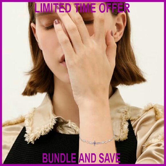 Sterling Silver Sideways Cross Bracelet Adjustable Chain Religious Jewelry - Picture 3 of 8